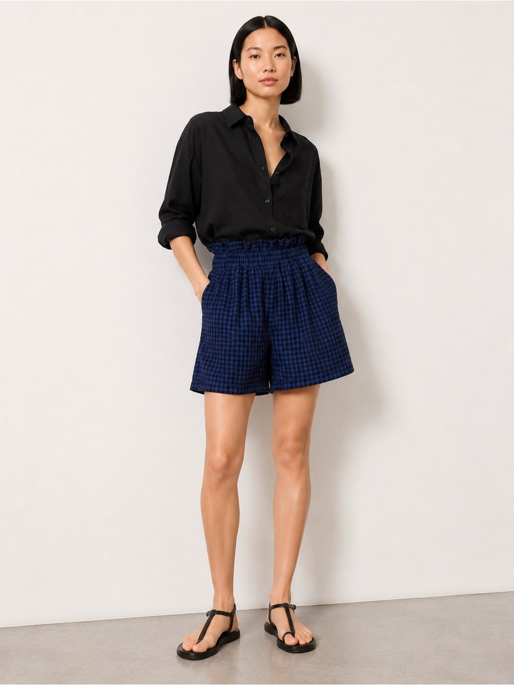 Tibi Navy Black‎ Gingham Paperbag Waist Pull-On Sateen Shorts Small